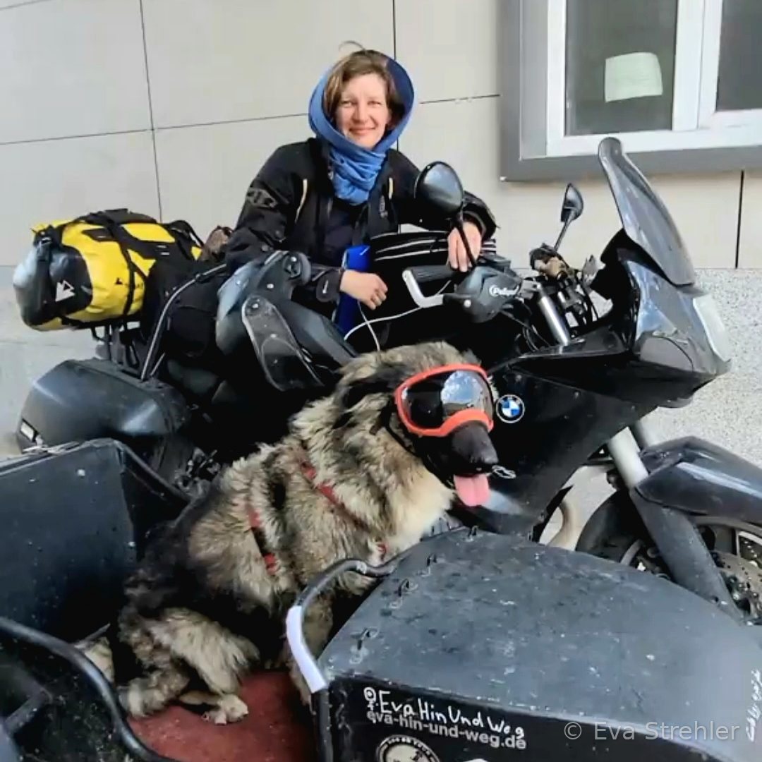 Frau mit Kopftuch auf dem Motorrad, Hund mit Schutzbrille im Beiwagen
