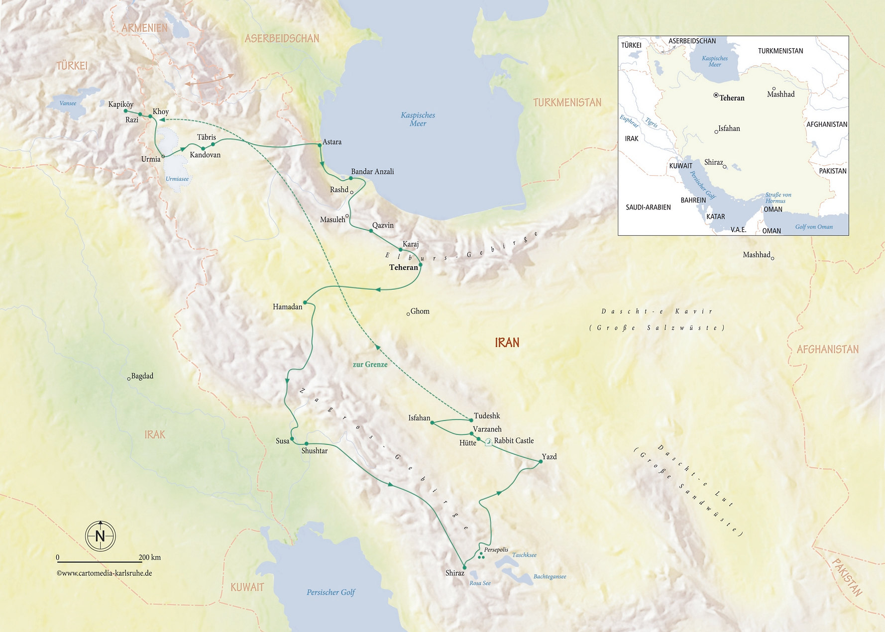 Karte des Iran mit der Reiseroute von der türkischen Grenze über Teheran, Susa, Shiraz und Yazd nach Isfahan